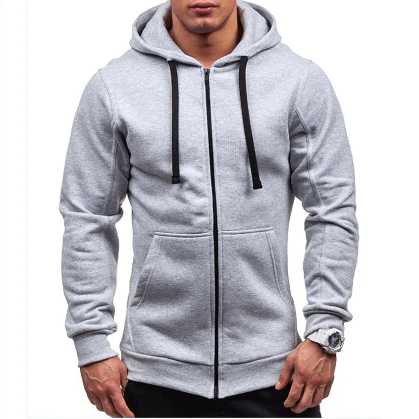 Mens Zipper Hooded Solid Colour Sweatshirt