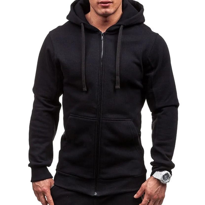 Mens Zipper Hooded Solid Colour Sweatshirt