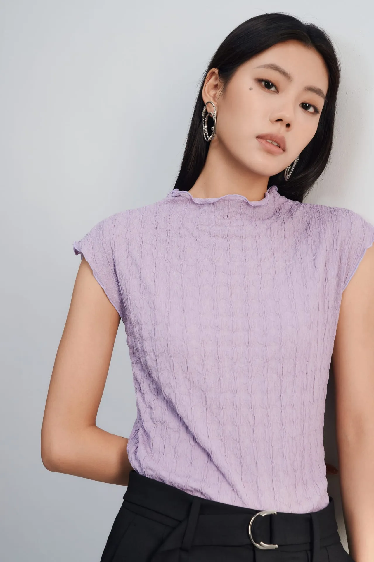 Mock Neck Textured Cap Sleeve Knit Top