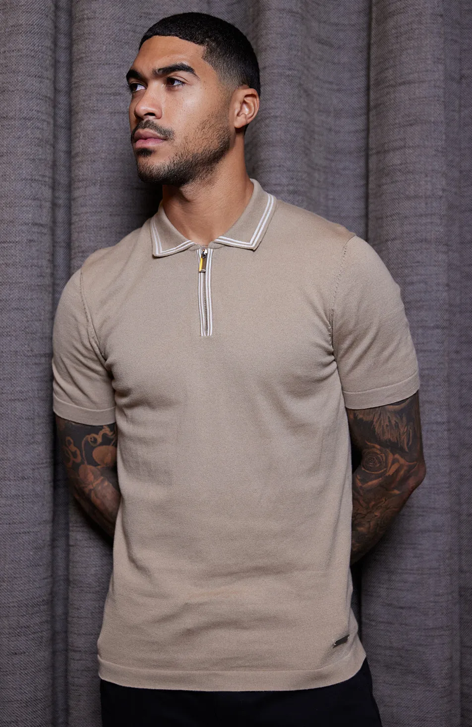 Newbury Slim Knit Piping Zip Polo in Taupe