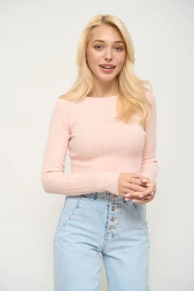 Pink Long Sleeve Rib Knit Sweater