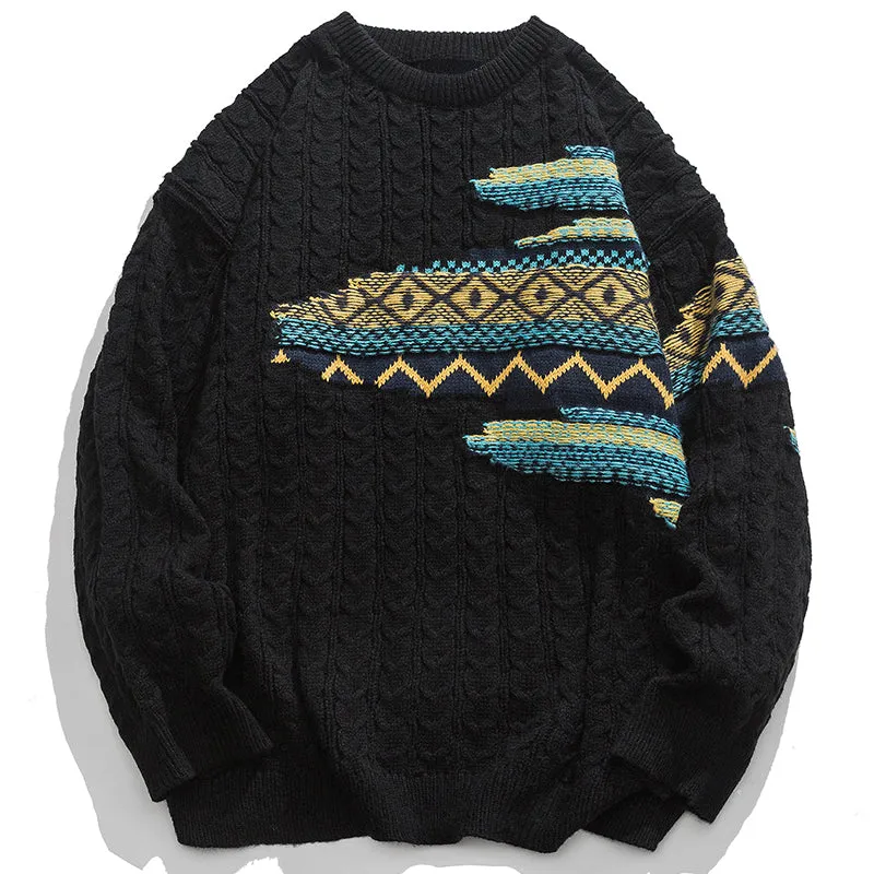 PopFlying Patchwork Knit Sweater Bohemia Jacquard