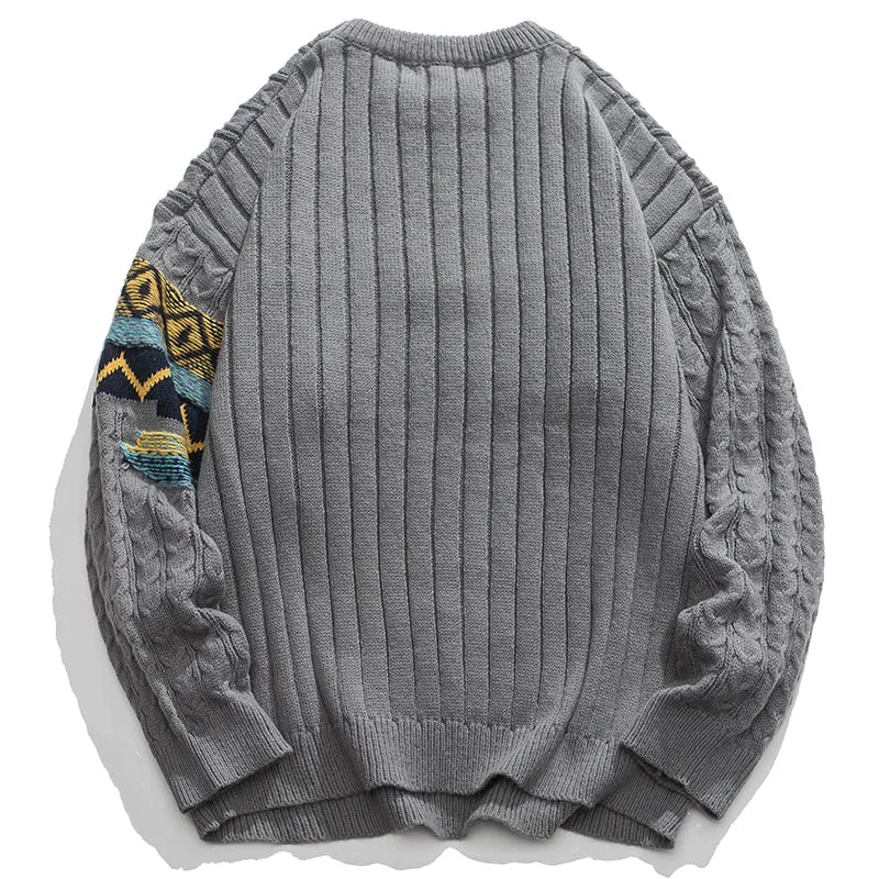 PopFlying Patchwork Knit Sweater Bohemia Jacquard