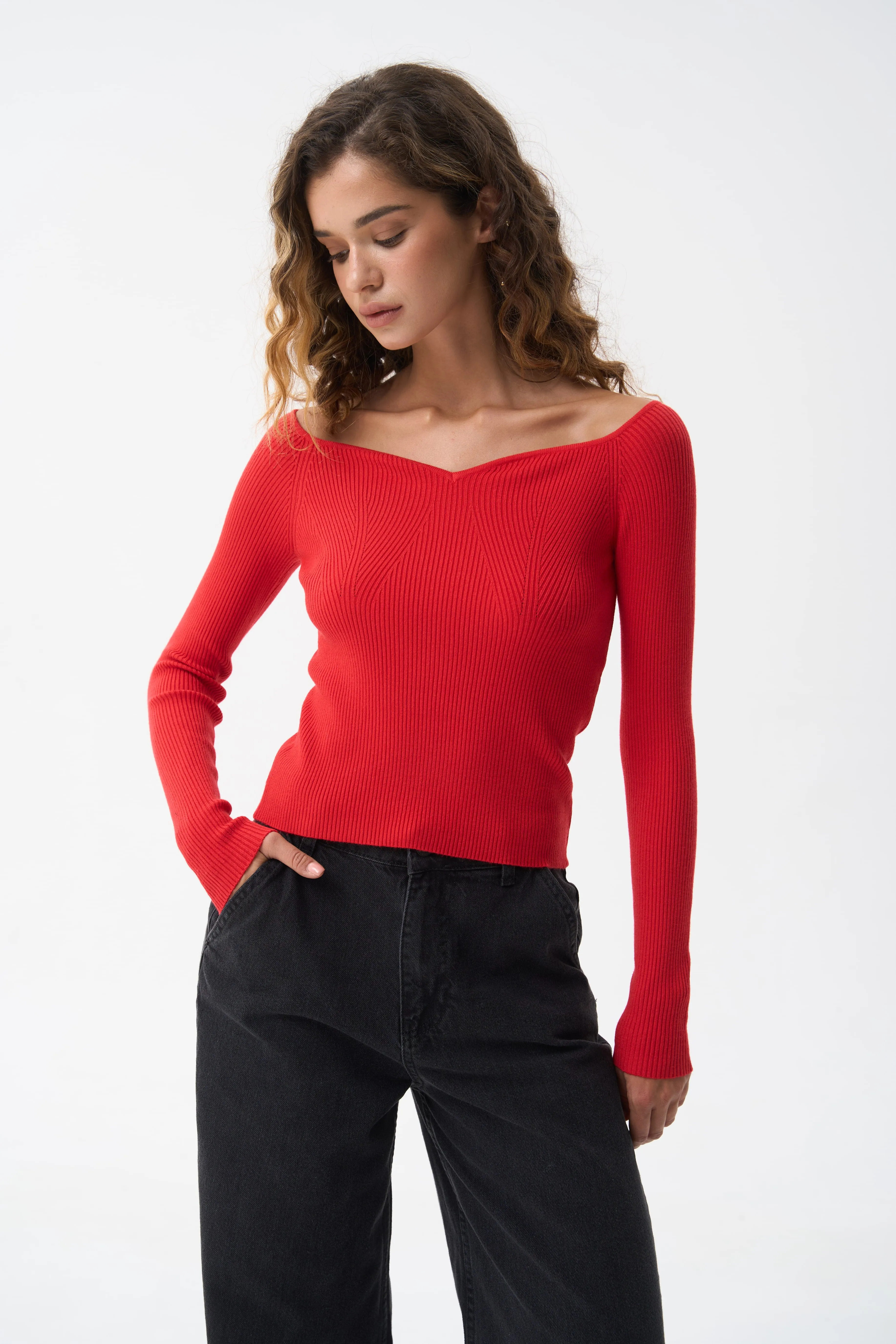 Spicy Red Sweetheart Neckline Ribbed knit Sweater