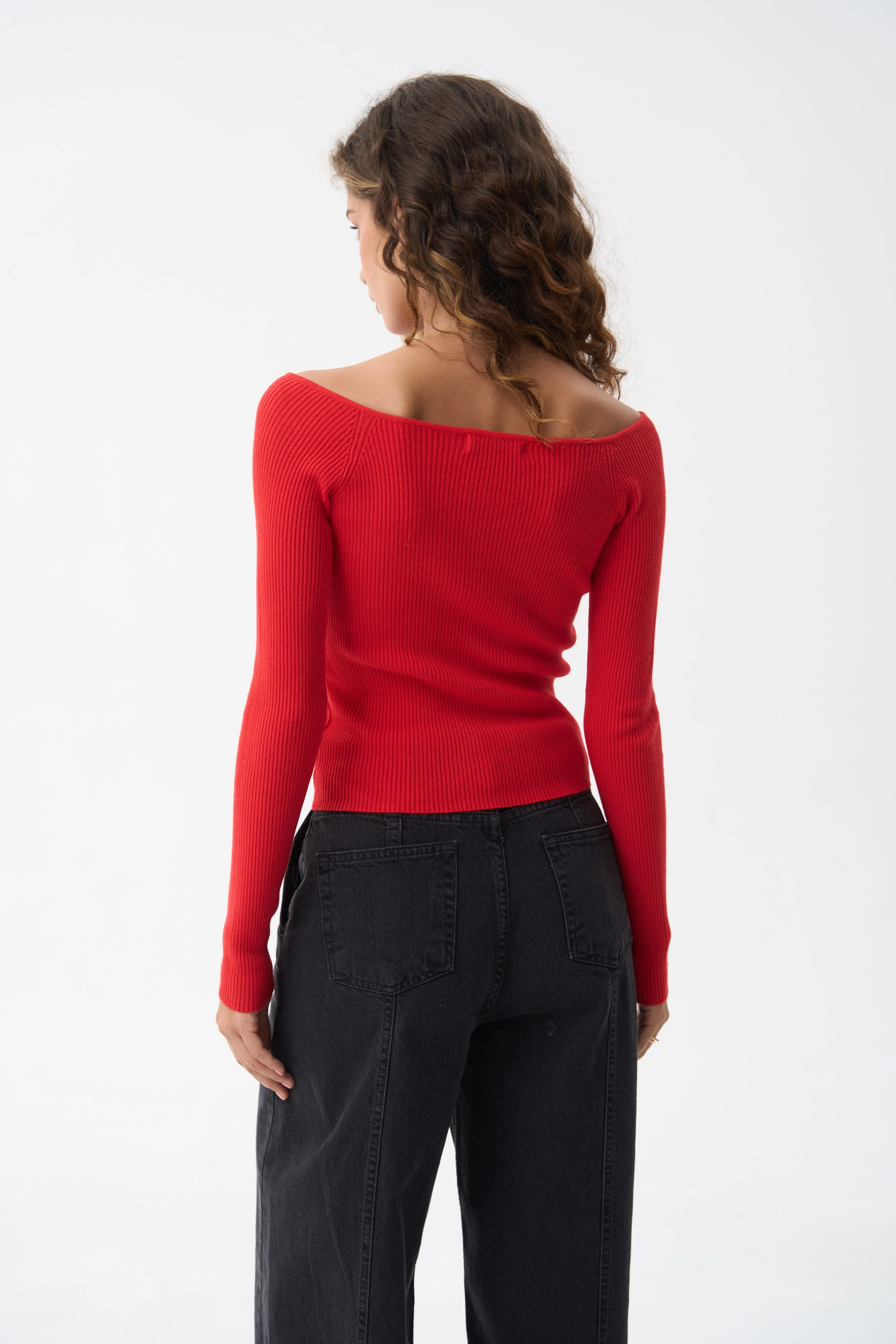 Spicy Red Sweetheart Neckline Ribbed knit Sweater