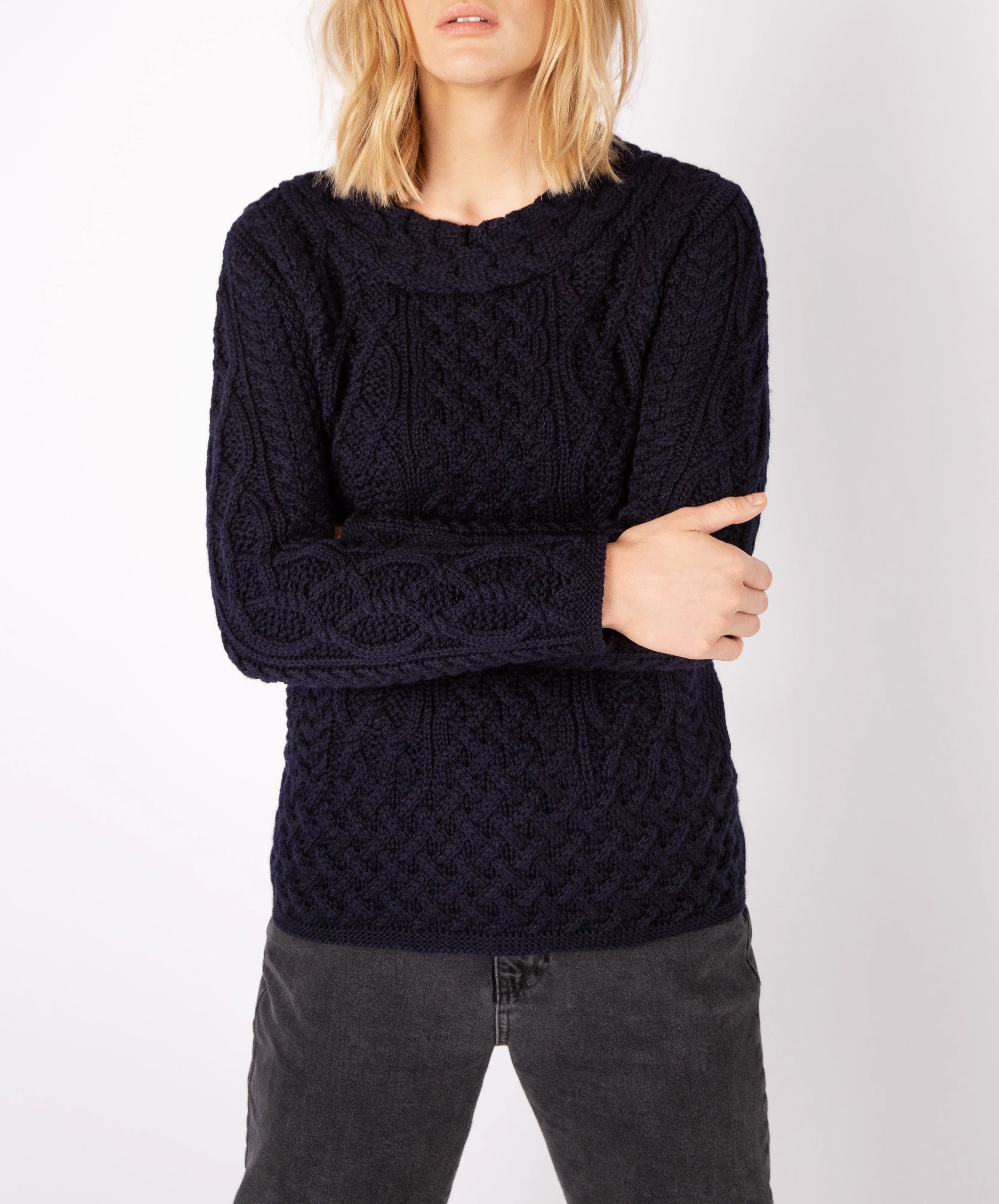 Spindle Aran Cable Neck Sweater Navy