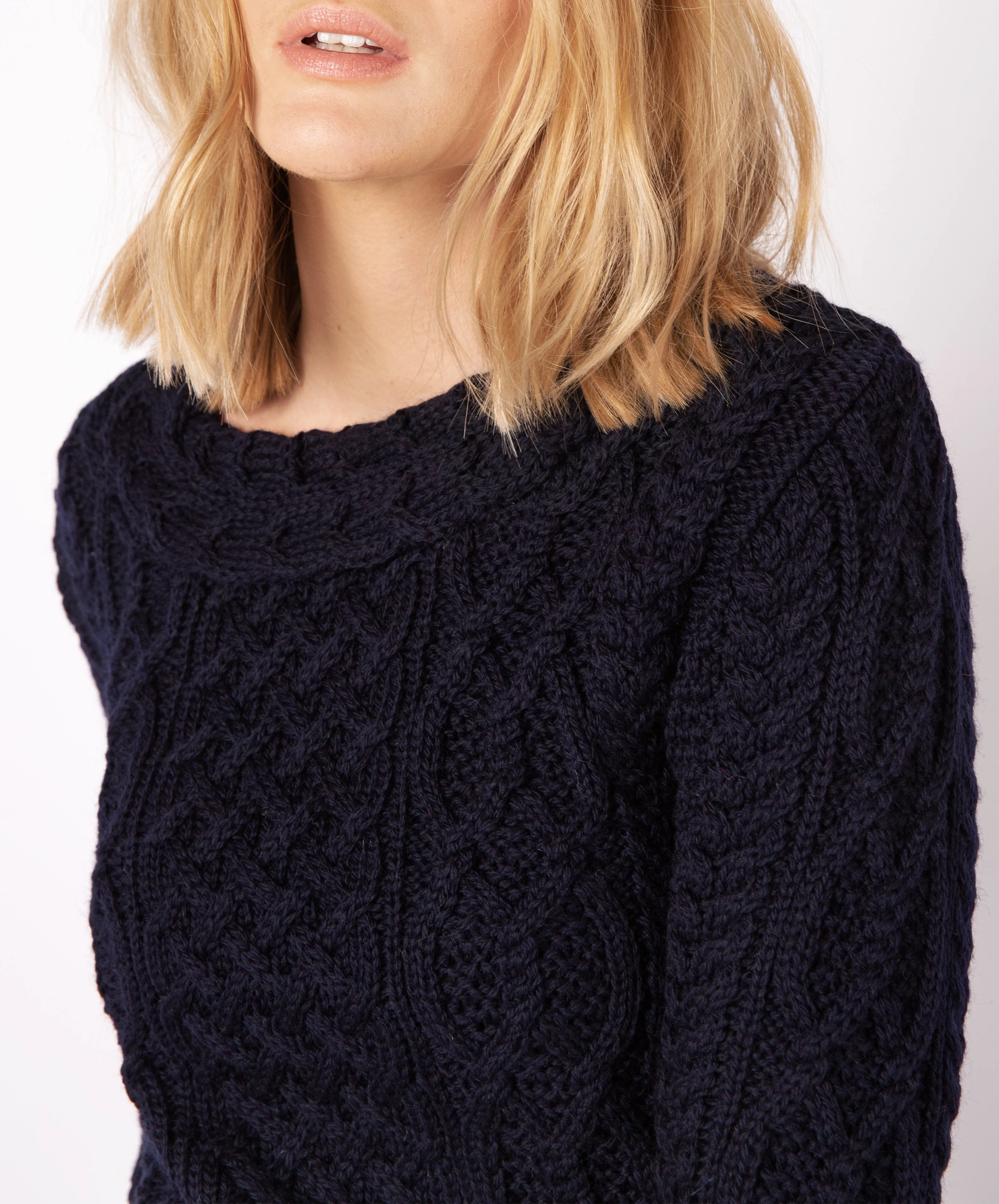 Spindle Aran Cable Neck Sweater Navy