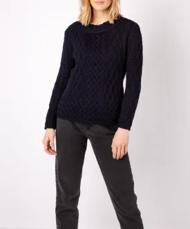 Spindle Aran Cable Neck Sweater Navy