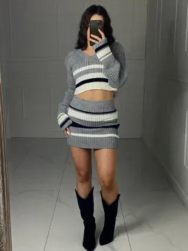 Striped Cropped Knitted Jumper & Skirt Set - Grey/White Contrast