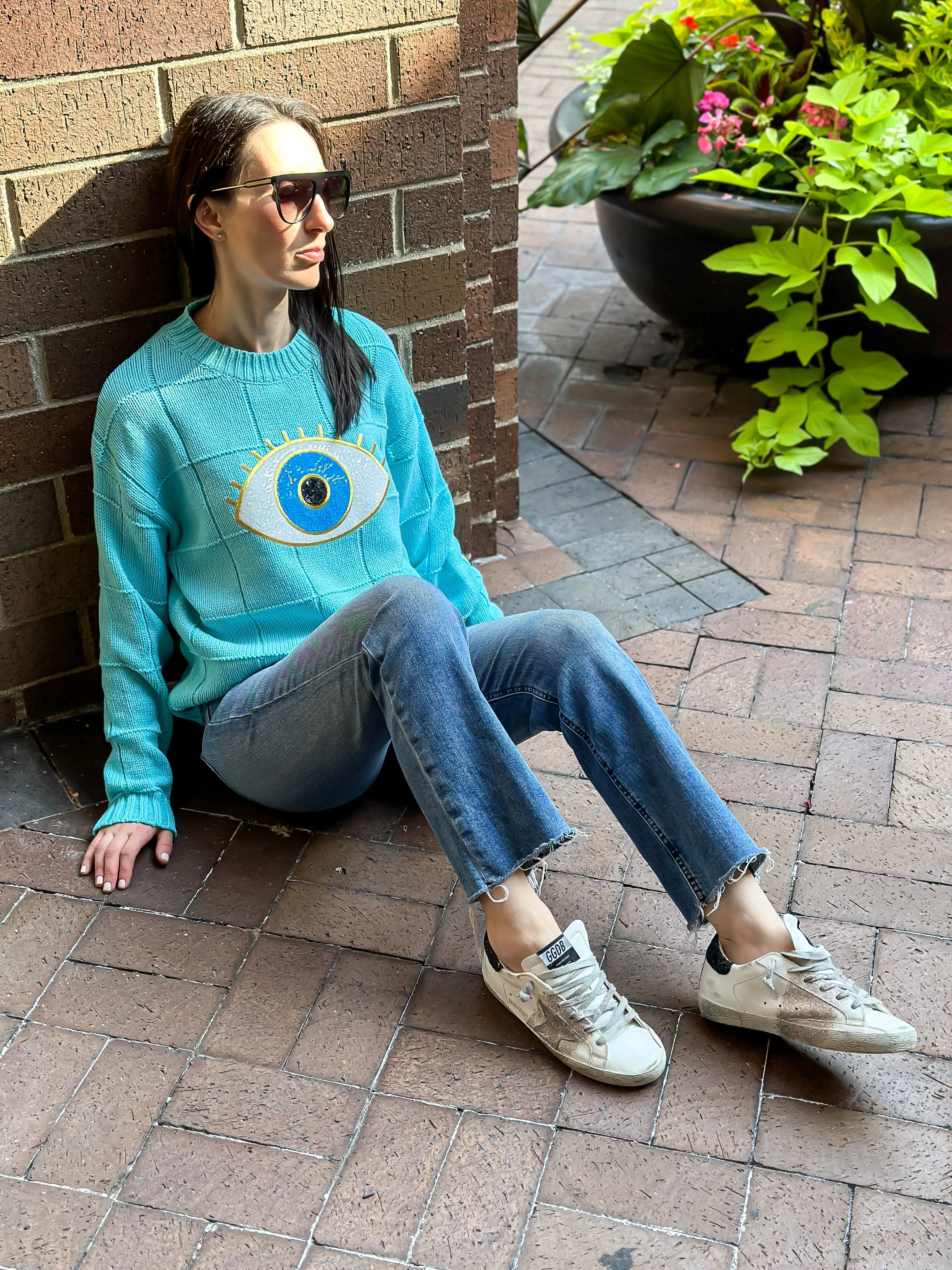 Sweater, Diamond Stitch Turquoise, Sequin Eye SMALL ONLY