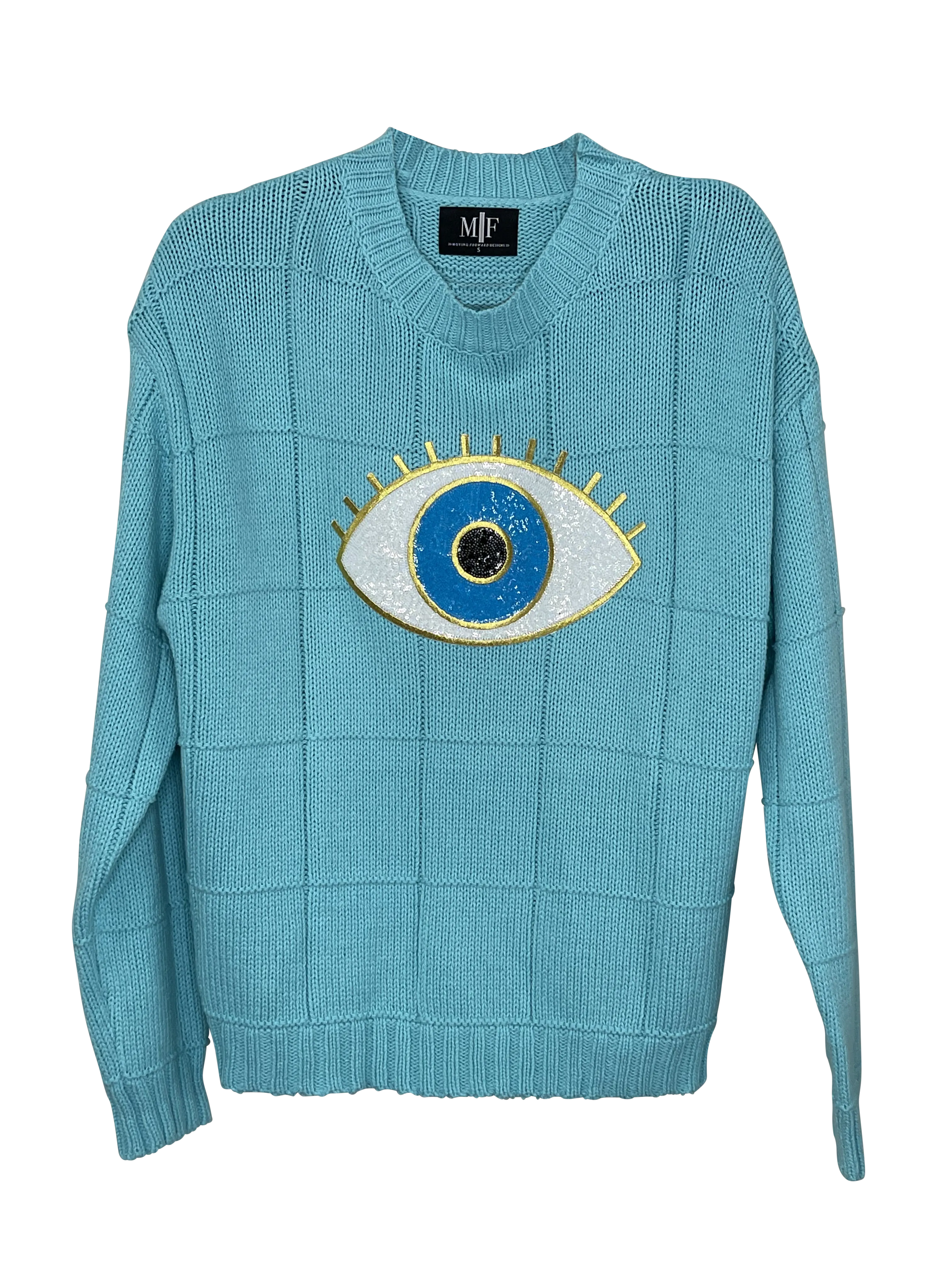 Sweater, Diamond Stitch Turquoise, Sequin Eye SMALL ONLY