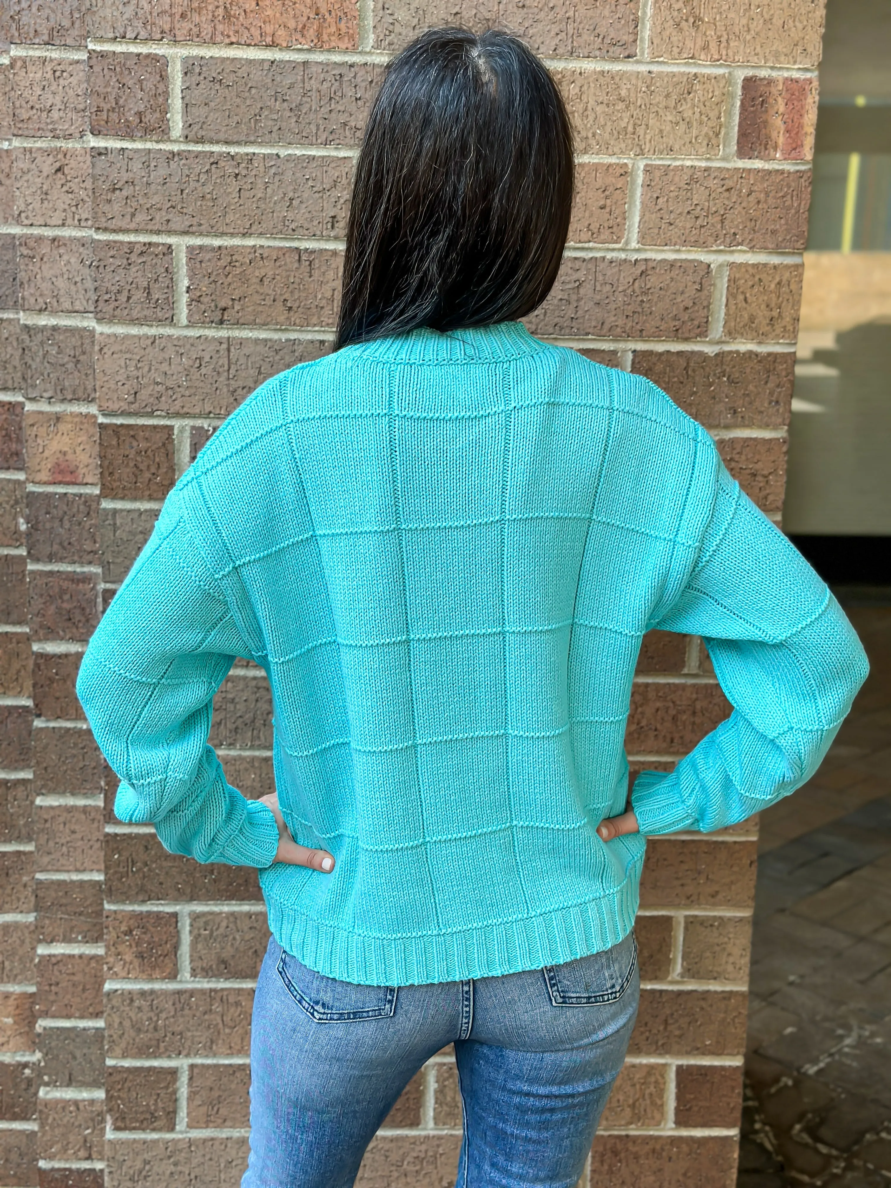 Sweater, Diamond Stitch Turquoise, Sequin Eye SMALL ONLY