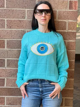 Sweater, Diamond Stitch Turquoise, Sequin Eye SMALL ONLY