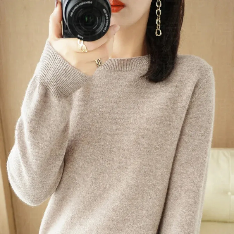 Womens Autumn Winter Casual Knitted Crew Neck Cashmere Sweater