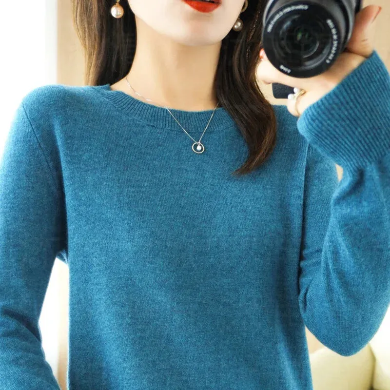 Womens Autumn Winter Casual Knitted Crew Neck Cashmere Sweater