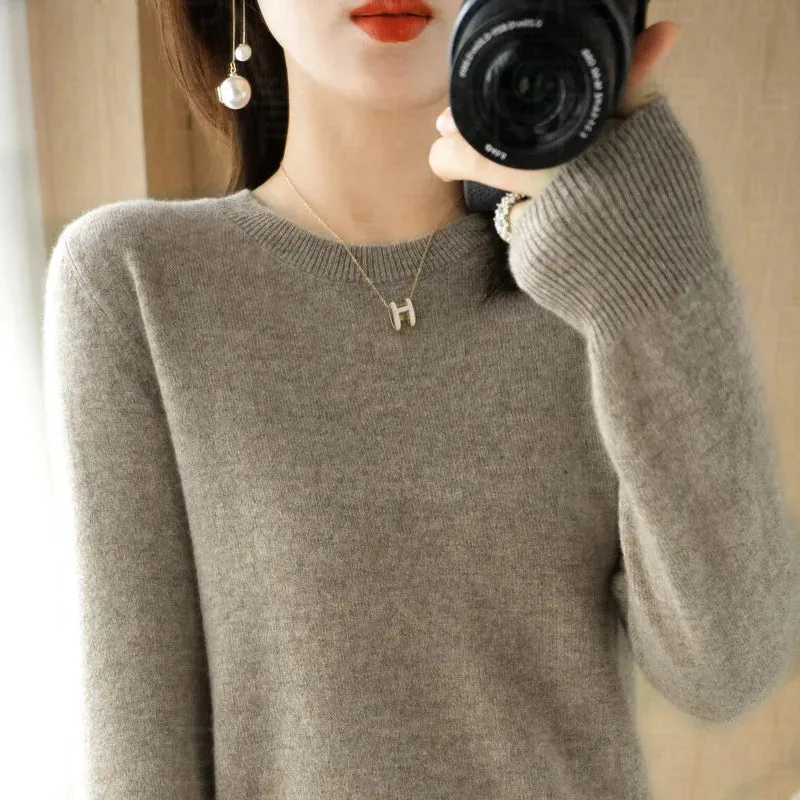 Womens Autumn Winter Casual Knitted Crew Neck Cashmere Sweater