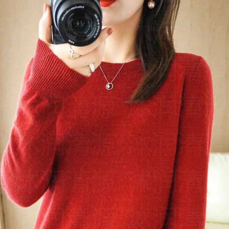 Womens Autumn Winter Casual Knitted Crew Neck Cashmere Sweater