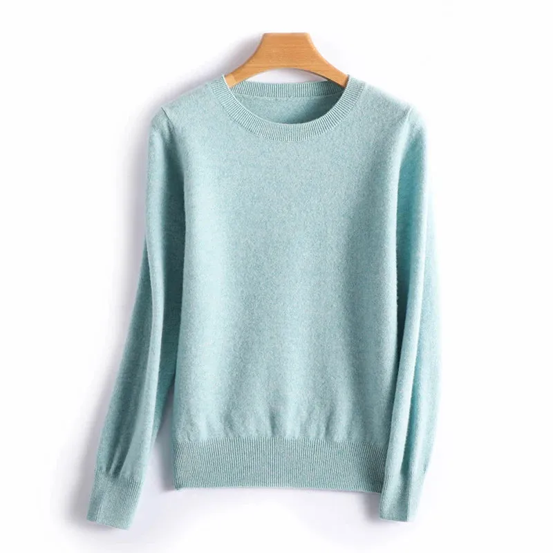 Womens Autumn Winter Casual Knitted Crew Neck Cashmere Sweater