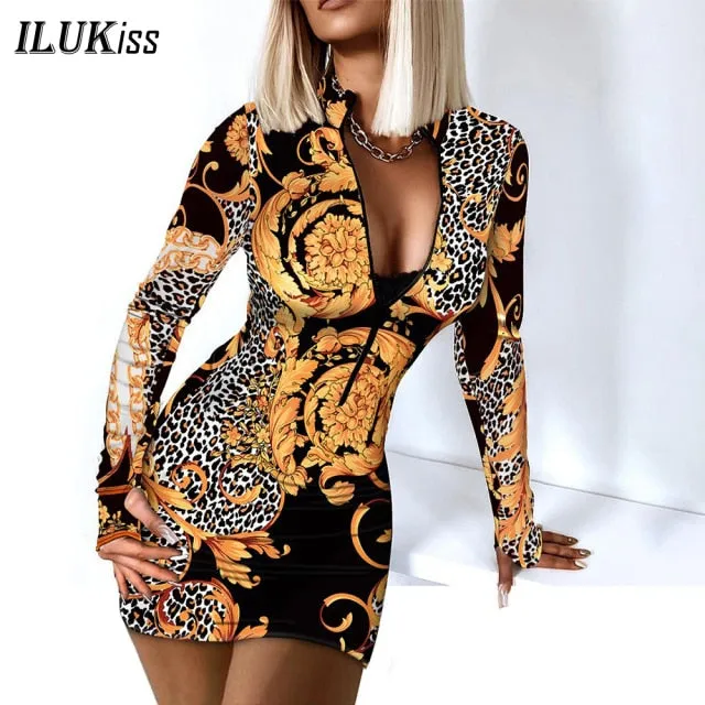 Womens Long Sleeve Bodycon Deep V Neck Printed Mini Dress