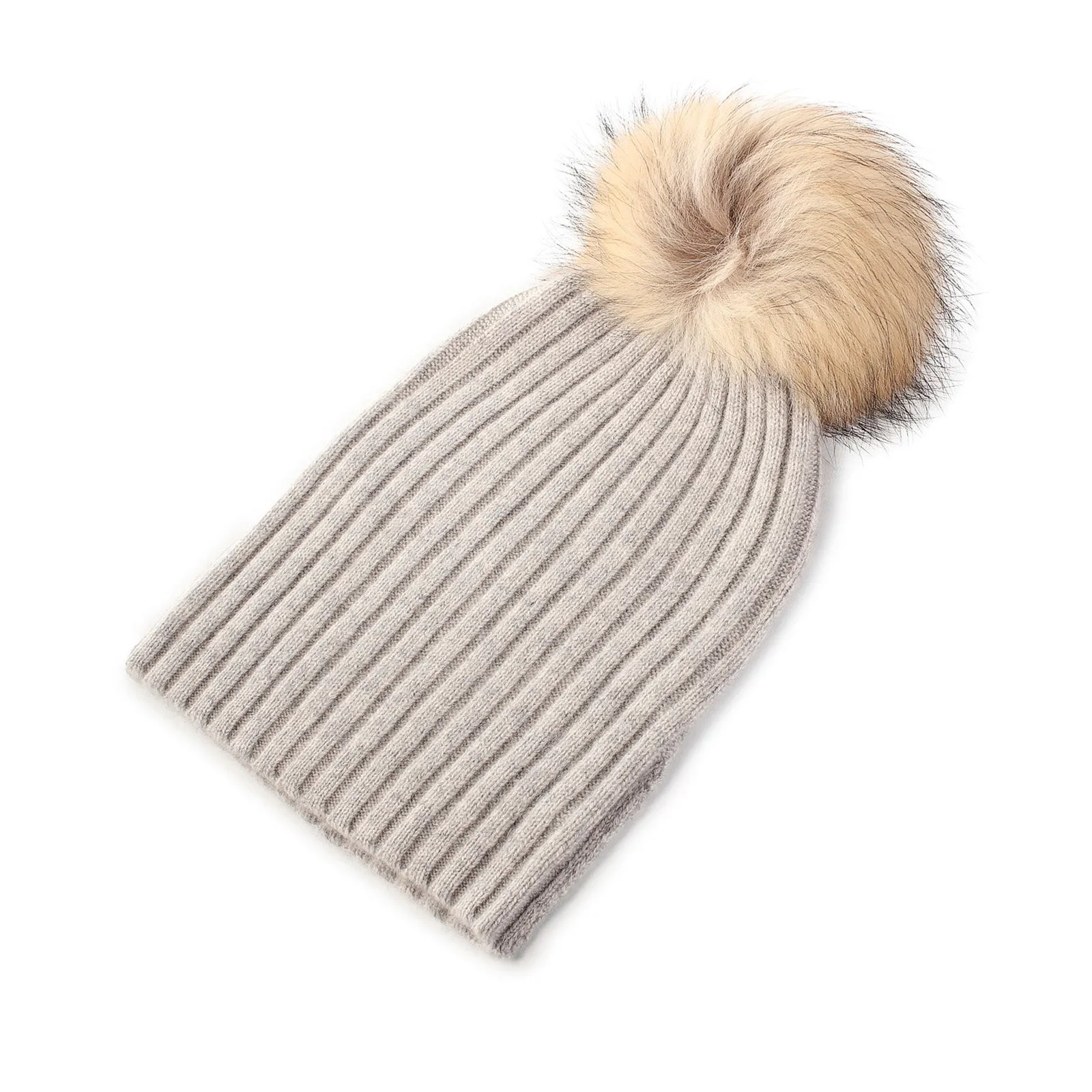 Women's Rib Cashmere Pom Pom Hat  Oyster Grey