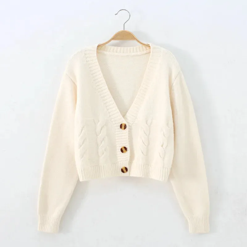 Womens V Neck Cropped Long Sleeve Twist Knitted Cardigan Sweater