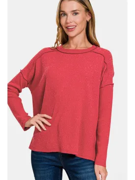 Zenana Full Size Exposed Seam Brushed Round Neck Sweater